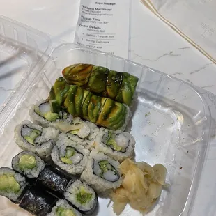 Avocado Roll, Shrimp California Roll, and Shrimp Teriyaki.