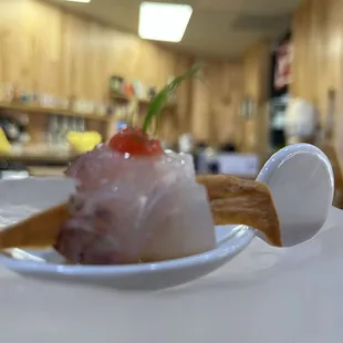 Great Japanese red snapper with special topping and yozu miso sauce.