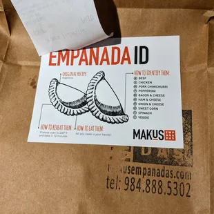 Empanada ID card taped to my takeout order brown bag. Nice.