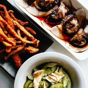 Mushroom Fries, Dumplings in Chili Oil, Cukes and Bean Curds