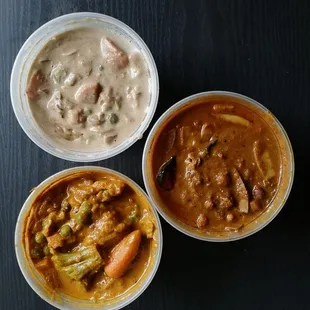Clockwise from top. Veg stew, Kadala curry, mix veg curry. Vegan