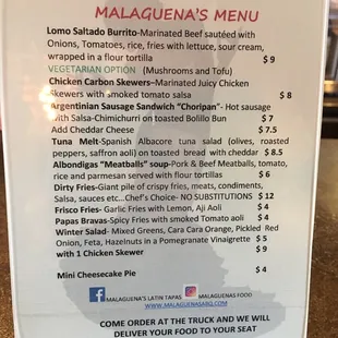 the menu for the restaurant