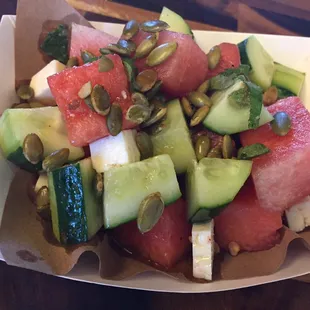 Summer Salad- Watermelon, cucumber, feta, mint, pepitas in honey lime dressing