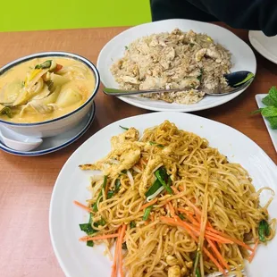 Chicken pad Thai, chicken Panang curry, chicken Thai fried rice