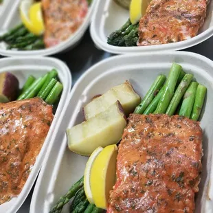 Maple Dijon salmon with asparagus and sweet potatoes.  Healthy meal prep, ready to eat when you are!
