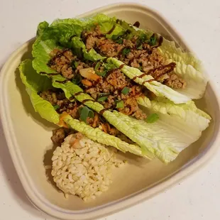 Ground turkey lettuce wraps and brown rice. Healthy, affordable meal prep, ready to eat when you are!