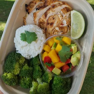 Chipotle Lime Chicken, coconut rice, broccoli and mango-avocado salsa.
