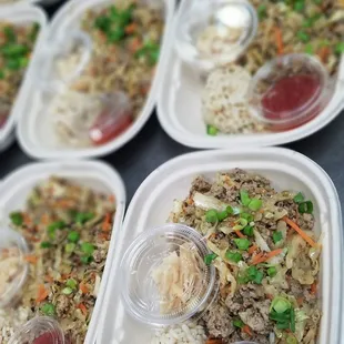 Eggroll in a bowl with crispy wonton strips and sweet chili sauce. Healthy, delicious meal prep ready to eat when you are!