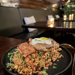 Pork Belly Fried Rice (house-smoked pork belly, chili oil, quail egg) from their 5-year anniversary menu