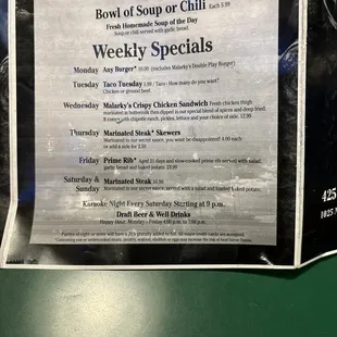 Weekly specials menu!