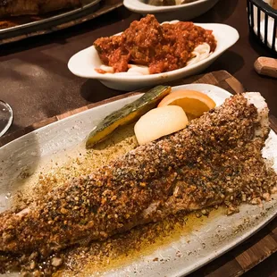 Pecan crusted walleye and side of spaghetti