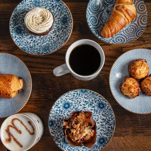 Pastries! Croissant, Macaroons, Blueberry Muffin, Chocolate Croissant, Cupcake, and Coffee!