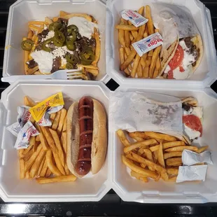 2 gyros, loaded gyro fries, and a hot dog.