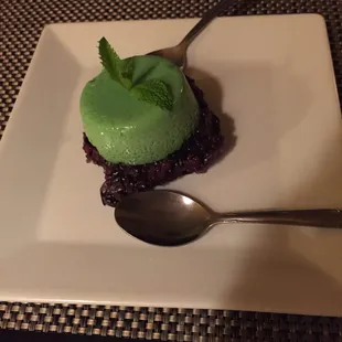 Pandan custard on black sticky rice. Delish