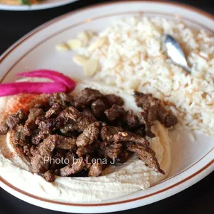 Hummus &amp; Meat ($19.99) - hommous topped with lamb and lightly roasted pine nuts, with rice
