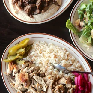 Chicken Shawarma Plate with rice ($19.99) + Hummus &amp; Meat (Lamb) with rice ($19.99)