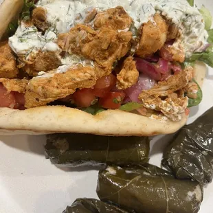 Chicken Shawarma Pita with side of grape leaves