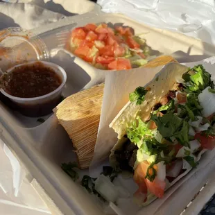 Carne Asada Taco and pork tamal