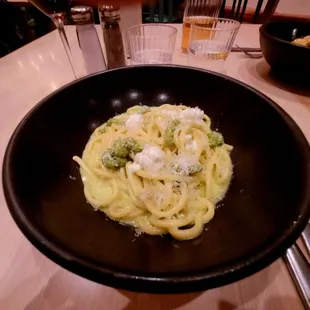 Bucatini w/basil cream, pesto &amp; whipped burrata