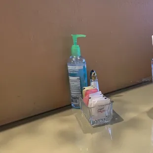 Hand sanitizer on the table