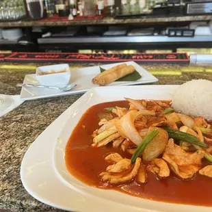 Cashew chicken and spring rolls