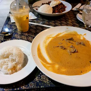 Panang curry, mango boba tea