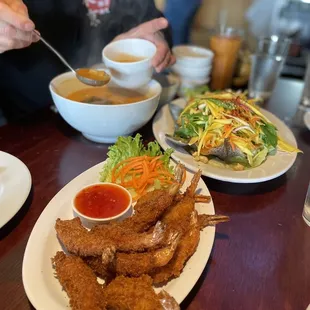 Fried shrimp, mango fish salad, and Tom Kha