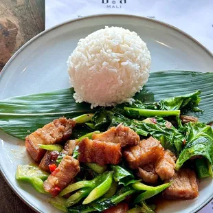 Pad Kana Moo Krob: Thai Style Stir-Fried Crispy Pork belly w/Chinese Broccoli, Fresh Chili and garlic. Very good!