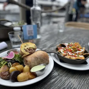 Breakfast burrito and nachos