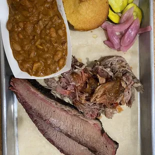 2 Item BBQ combo- Brisket, pulled pork with side of baked beans
