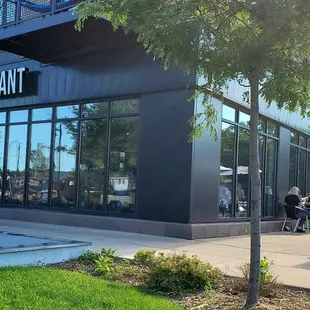 Street view with a portion of the patio on the right