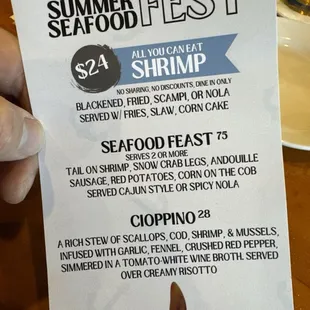 Menu for summer special