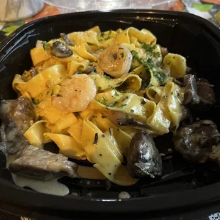 Wild Mushroom Pappardelle with shrimp. YUMMY!