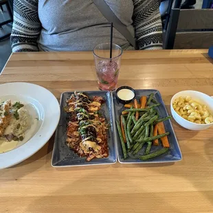 Absolutely amazing!  Crusted Lemon Chicken  Korean barbecue meatballs  Veggie fries  Mac and cheese