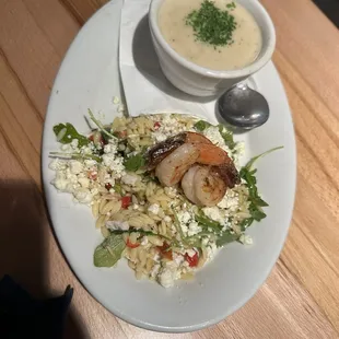 Smoked salmon orzo salad and clam chowder