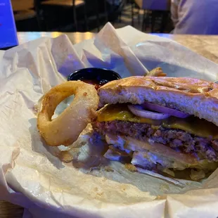 Juicy burger with all the fixens ~ get the onion rings