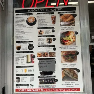 the menu for the coffee shop