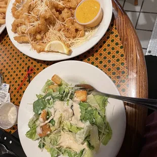 Cesar salad and calamari