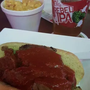 402 BBQ's Brisket sandwich, with their hot sauce, Mac &amp; Cheese side, and Infusion's IPA... Some one couldn't wait for the food...