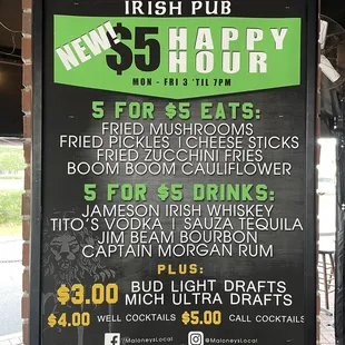 2021 Specials menu, Maloneys Irish Restaurant, Westchase, Tampa