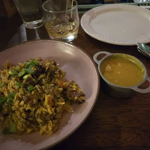 Smoked pork belly and vegetable curry with side of lima beans