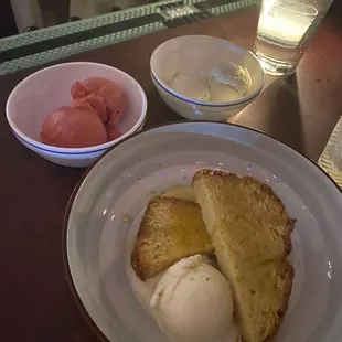 Desert: corn cake with ginger ice cream, kefir lime vanilla ice cream, rose lychee raspberry sorbet (all homemade)