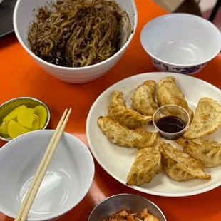 Jajang Myeon, potstickers, kimcee and pickled radish