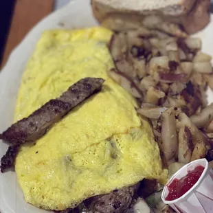 Steak omelet.