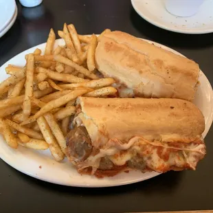 Meatball Parmesan sandwich with salt &amp; pepper fries for $15!