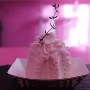 &apos;White Dress or Wedding Dress&apos; which is sweet potato pound cake coated with mascarpone cream ribbons at Malu.