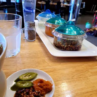 Condiments: chili 3 ways (pickled, sate, hot garlic/vinegar sauce)