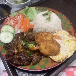 Rice plate, grill pork chop with fried shrimps.