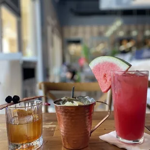 Smokey bacon bourbon, Moscow mule, and Large Watermelon Lemonade
