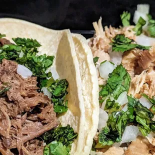 Barbacoa and carnitas tacos